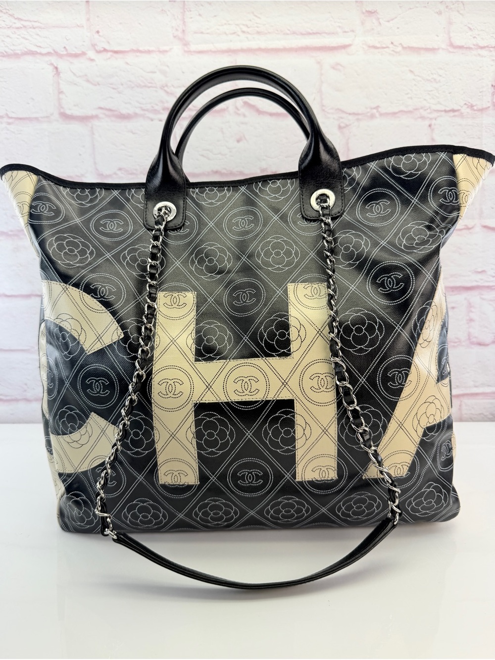 Chanel Coated Canvas Camellia Medium Shopping Tote Black Beige